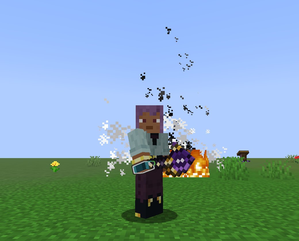 A player holding a Greater Void Staff with a dark violet head, sparks and smoke around it