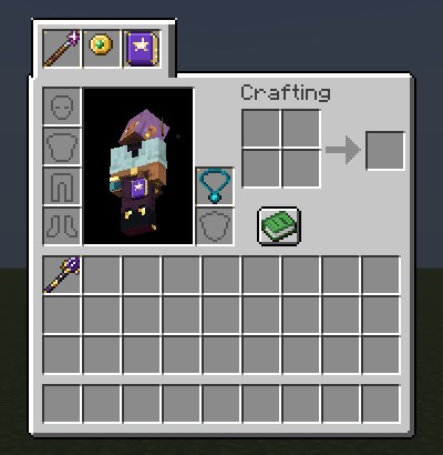The survival inventory with a tray on top of the window holding a staff, a focus and the tome, and the player in the paper doll wearing them