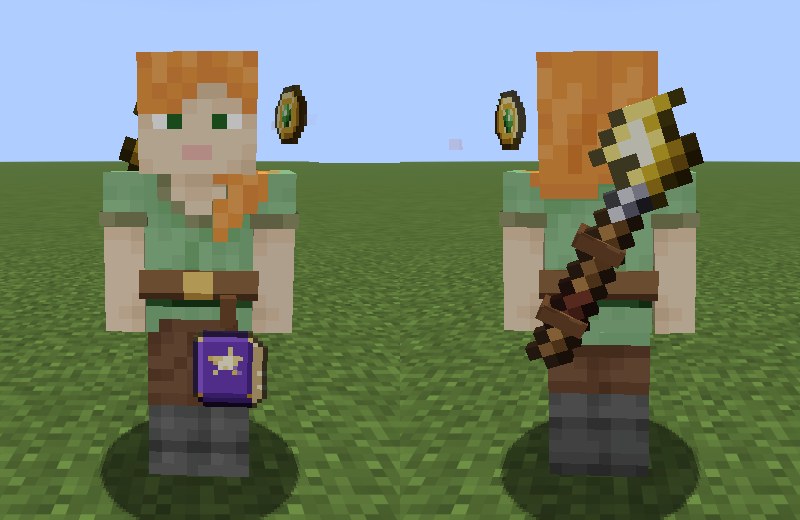 A player seen from the front and the back wearing a staff across the back, a focus hovering off the left shoulder and the tome hanging from a belt at the hip