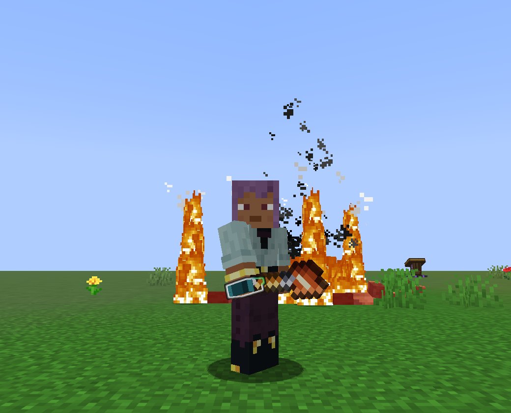 A player holding a Fire Staff, surrounded by pillars of flame from a charged fire spell
