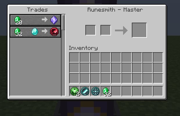 A Master Runesmith's trading screen: 20 emeralds for a Mana Crystal, and 32 emeralds and a diamond for a Tier III rune