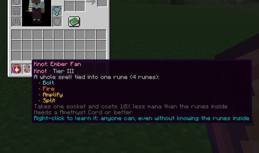 The tooltip of a Knot called Ember Fan: Knot, Tier III, a whole spell tied into one rune (4 runes): Bolt, Fire, Amplify, Split; takes one socket and costs 10% less mana than the runes inside; needs an Amethyst Cord or better; right-click to learn it