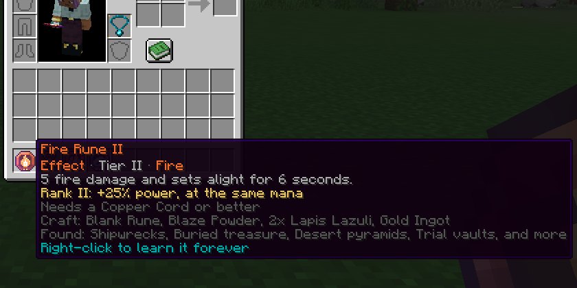 The tooltip of a Fire Rune II: Effect, Tier II, Fire, and a gold line reading Rank II: +25% power, at the same mana
