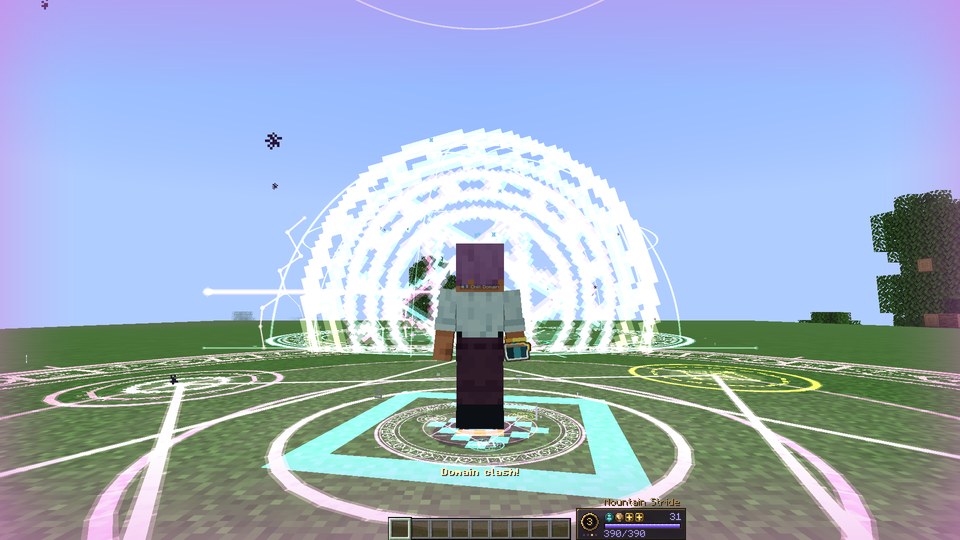 A caster stands inside a dome of white light where two Domains meet, the words Domain clash! on screen and magic circles across the ground