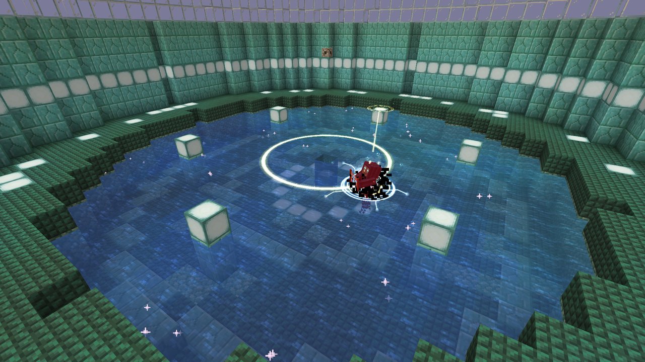 Lightning arcing across the flooded pit of the Drowned Scriptorium, striking a creature wading in it, with sea-lantern pedestals standing out of the water
