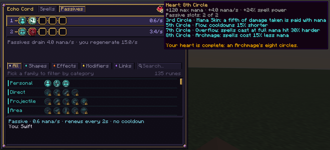 The Cord screen's heart badge tooltip, listing circles, max mana, regeneration, spell power and perks