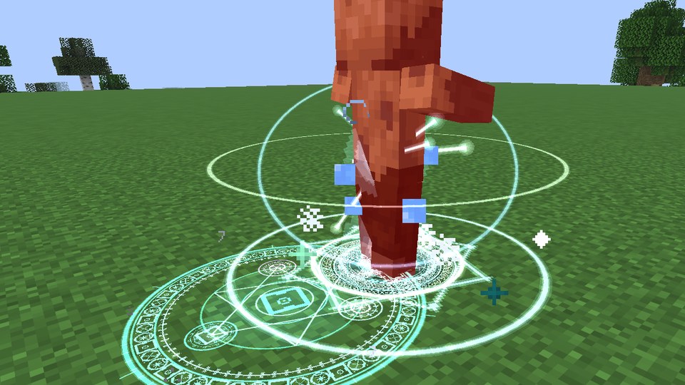 A teal glyph circle flares on the grass under a husk, and ice shards burst up around it