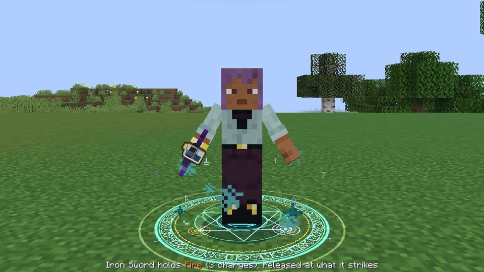 A player holds an iron sword over a teal magic circle; the hotbar line reads Iron Sword holds Fire (3 charges), released at what it strikes