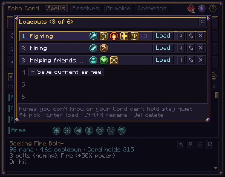 The loadouts panel over the Cord screen: three saved loadouts named Fighting, Mining and Helping friends, each with its first runes and Load, save, rename and delete buttons, and a row to save the current Cord as a new one