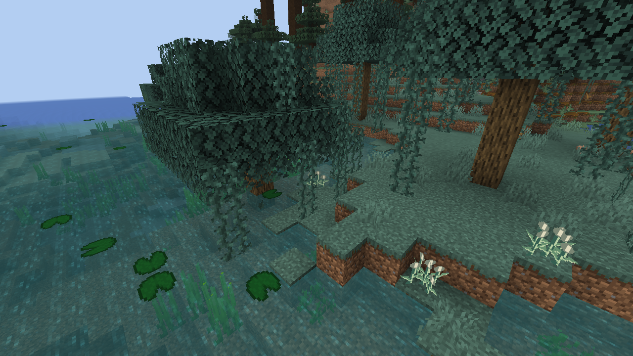 Naturally generated Moonreed colonies beside blue-green water and pale banks in the Luminous Reedlands