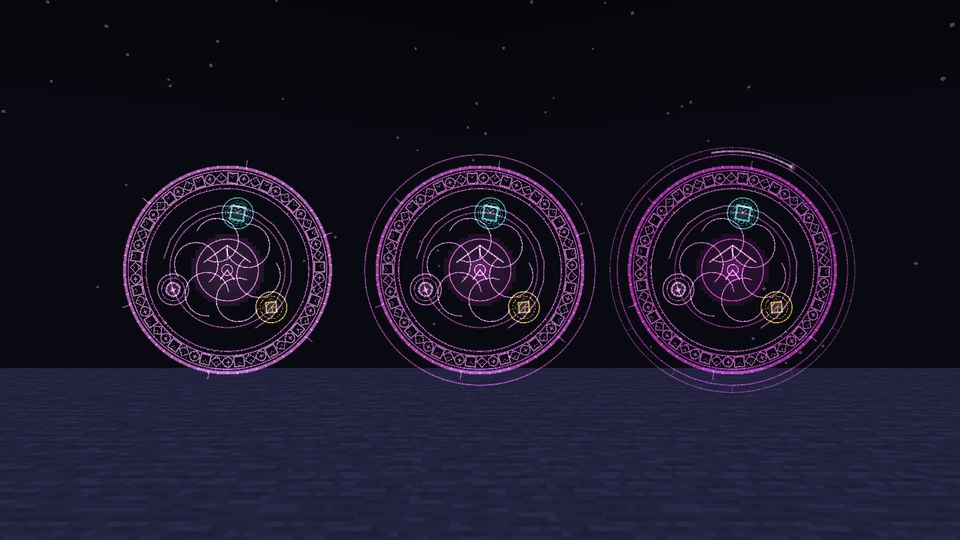The same spell's circle at Kindled, Adept and Mythic, gaining colour, rings and a shimmer