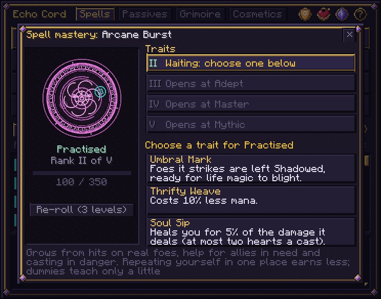 The mastery panel over the Cord screen: an Arcane Burst at Practised, its circle with a personal sigil at the centre, a bar at 100 of 350, four trait slots for ranks II to V with the first waiting, and three trait cards to choose from: Umbral Mark, Thrifty Weave and Soul Sip, with a Re-roll button