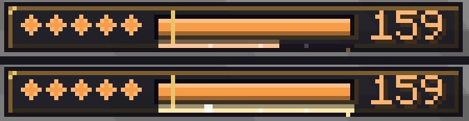 Two views of the aura bar: at the second tier a thin pale orange line part way along under it, and at the peak the same line full and pale gold with a bright spark on it