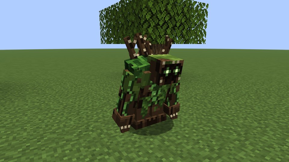 A Bramblewalker, a hunched walking thicket of bark and moss with thorned branches on its back and two green lights for eyes, standing in a forest clearing