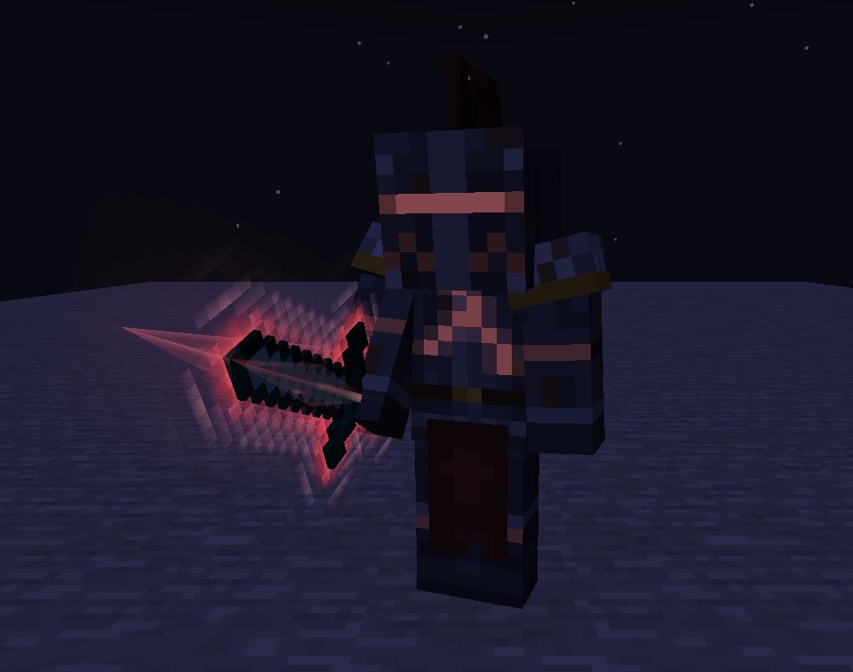 A fallen knight at night: dark plate armour with a ragged red crest and tabard, its visor slit and the cracks in its breastplate glowing red, a sword wreathed in red light