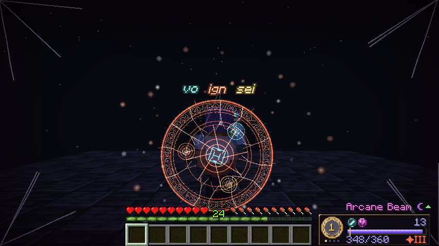 A caster at the third overchannel stage: the circle cracked and shedding sparks, the screen's edges closing in