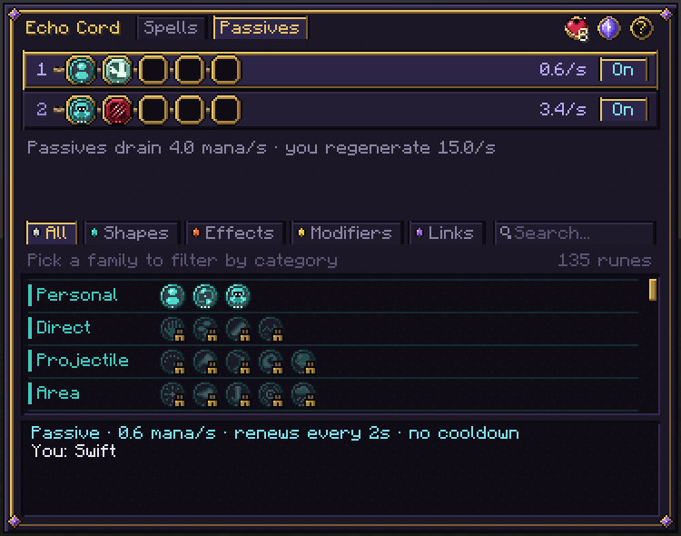 The Passives page: two passive rows with their upkeep and On switches, and a line comparing total drain with your regeneration