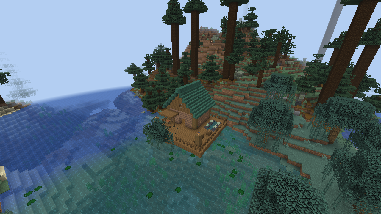 A green-roofed Tideward survey house and Moonreed garden on stilts beside a wooded Reedlands bank