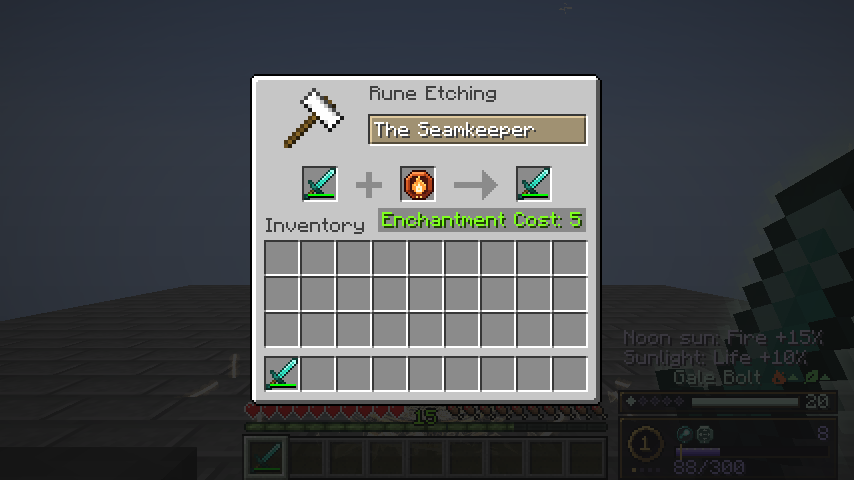Native anvil preview with a Fire effect rune, named weapon and five-level result