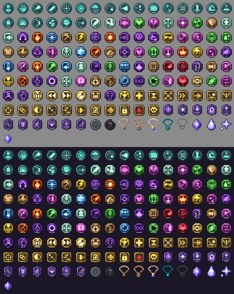 A grid of rune icons: round shapes, eight-sided gem effects, square modifiers and hexagonal links