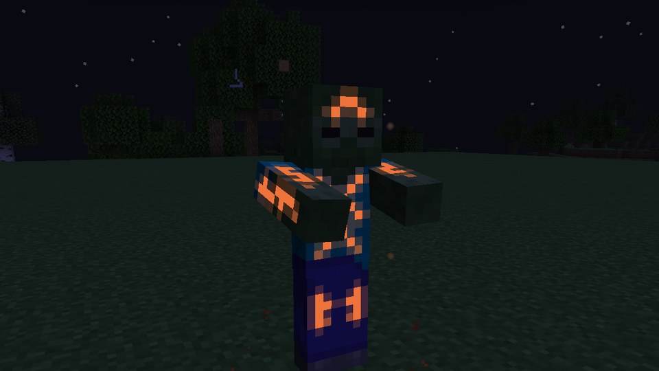 A Runebound zombie at night, glowing orange rune marks on its body