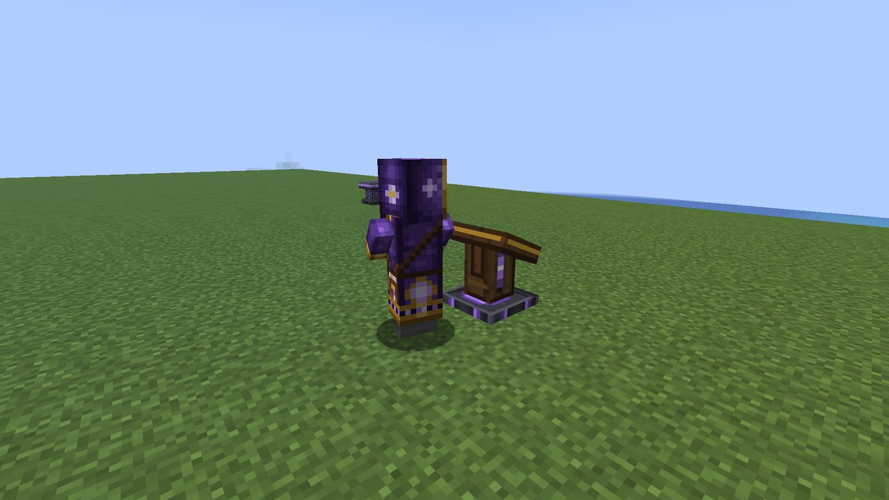 A villager in violet robes with gold trim and a hood, standing beside a wooden Scribing Desk on a deepslate base