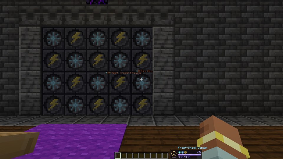 A door of twenty Rune Seals in a deepslate frame, checkered with frost snowflakes and storm lightning bolts