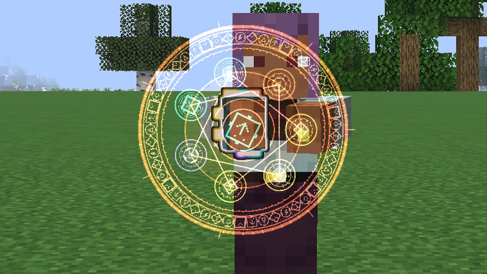 A player holding out a charging magic circle: a frame, a band of script, a seven-pointed star with a coloured roundel on each point, and a seal in the middle