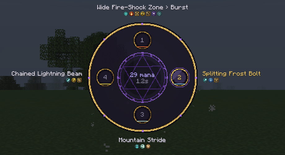 The spell wheel: four spells in a ring around a centre showing the pointed spell's mana and cooldown