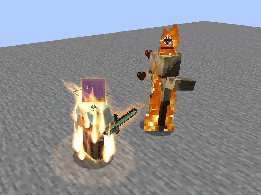 Seen from the side: a swordsman wreathed in orange flames facing a burning husk; over the husk's head a cracked gold diamond seal with a gold line under it