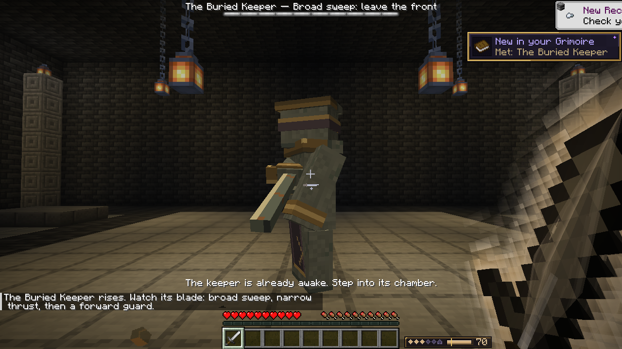 The blindfolded stone keeper prepares a broad sword sweep beneath hanging lanterns; its boss bar names the attack and advises leaving the front