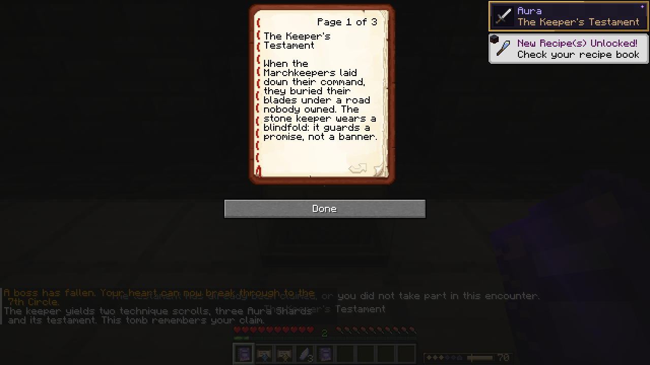 The awarded Keeper's Testament open on its first page, explaining the Marchkeepers' buried blades and the keeper's blindfold