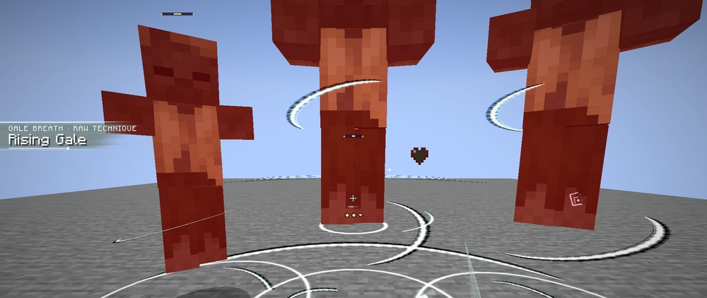 Through a player's own eyes: three husks close ahead thrown up into the air, thin crescents of white aura round them and low rings on the ground, and on the left a banner reading Gale Breath, Raw technique, Rising Gale