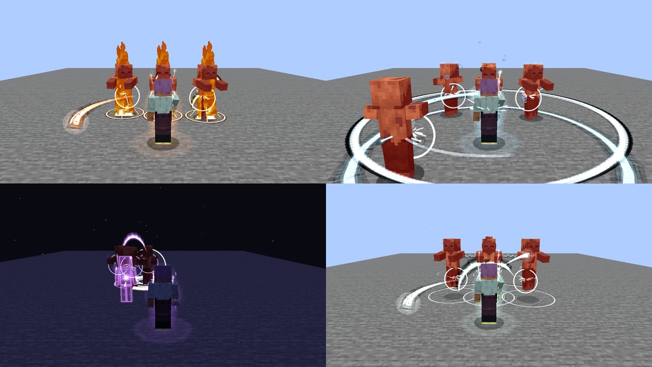 Four scenes of a player seen from behind among husks: three burning husks bound in rings of light; a wheel of pale blue rings breaking out all round them; a violet afterimage of the player left standing among the husks, striking with a falling crescent as the player stands clear behind it; and crescents of white aura rising across three husks as the wave flies on past them
