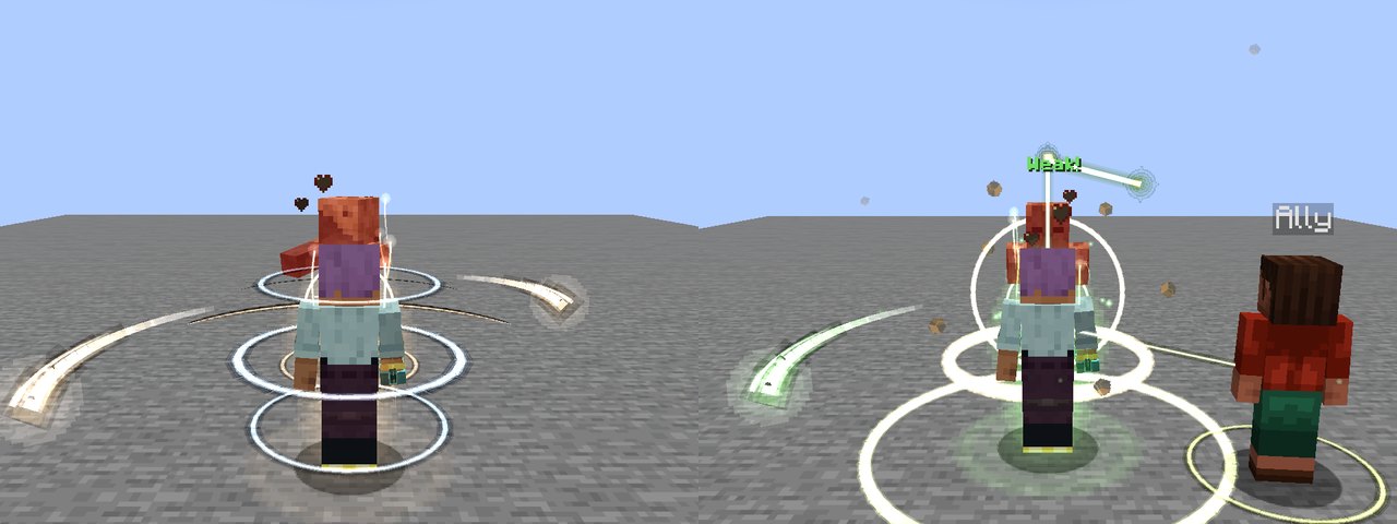 Left: a player seen from behind with rings of pale blue light round their body after a technique, a husk ahead. Right: a player with a gold pennant of light over their head, a gold ring at their feet and a gold thread running to an ally ringed in gold