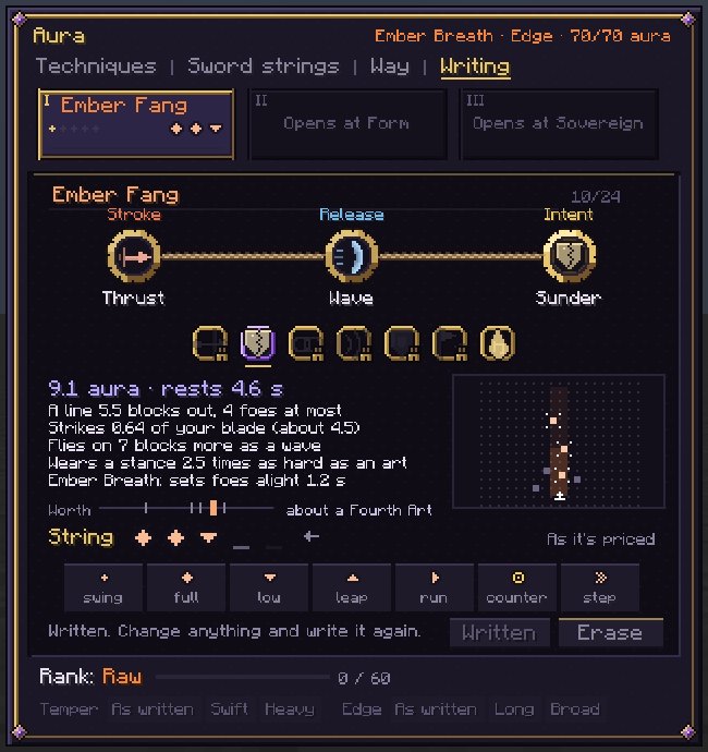 The Aura page's Writing tab: three slot cards, the first holding a technique named Ember Fang, its name inked over three round seals on a cord, Thrust, Wave and Sunder, a row of intent glyphs to pick from, a readout of its price and what it does beside a small diagram of the line it strikes, its string of three swing marks, the seven swings to compose it from, and Write and Erase buttons