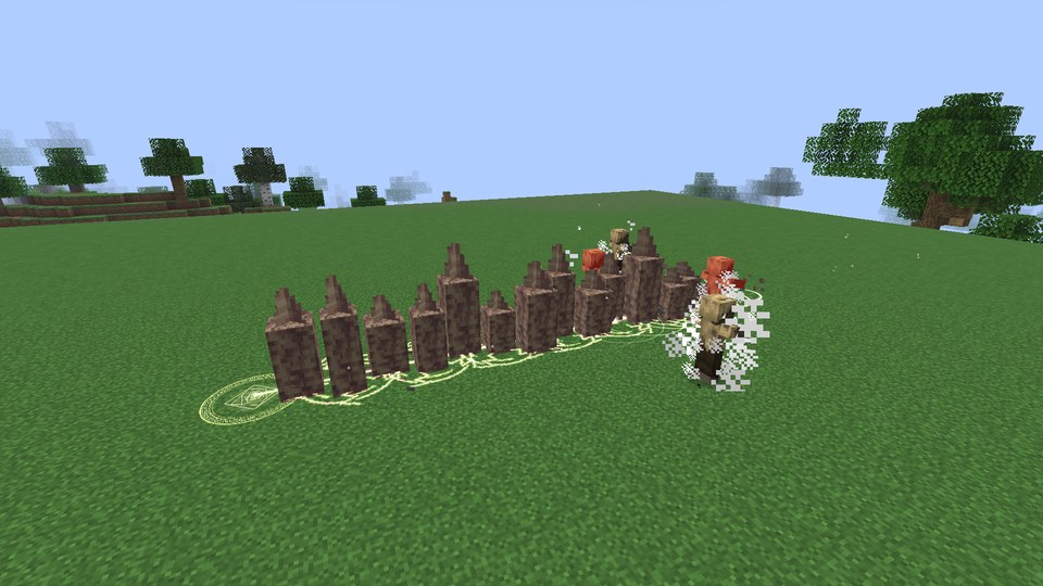 A line of stone spires bursts out of the ground toward a group of husks