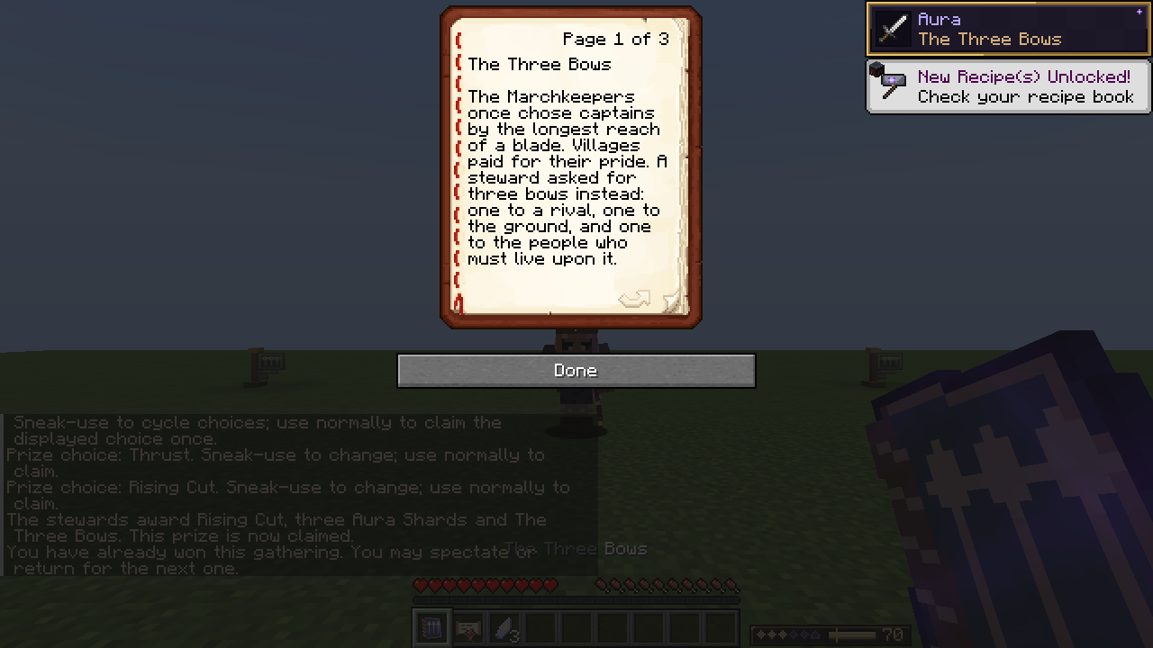 The awarded Three Bows history open in the game's illustrated book reader
