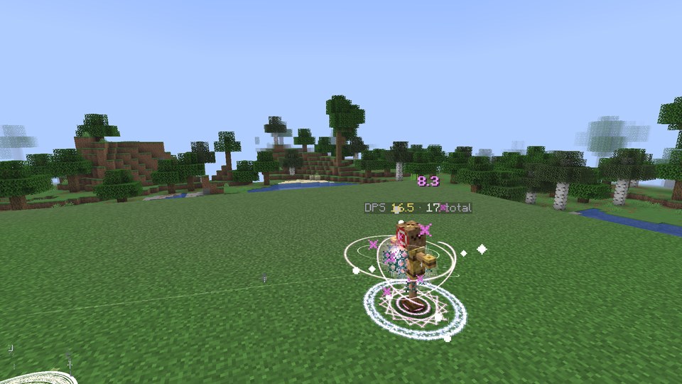 A straw training dummy stands in a magic circle, a pink number 8.3 floating above it and its name reading DPS 16.5 and a running total