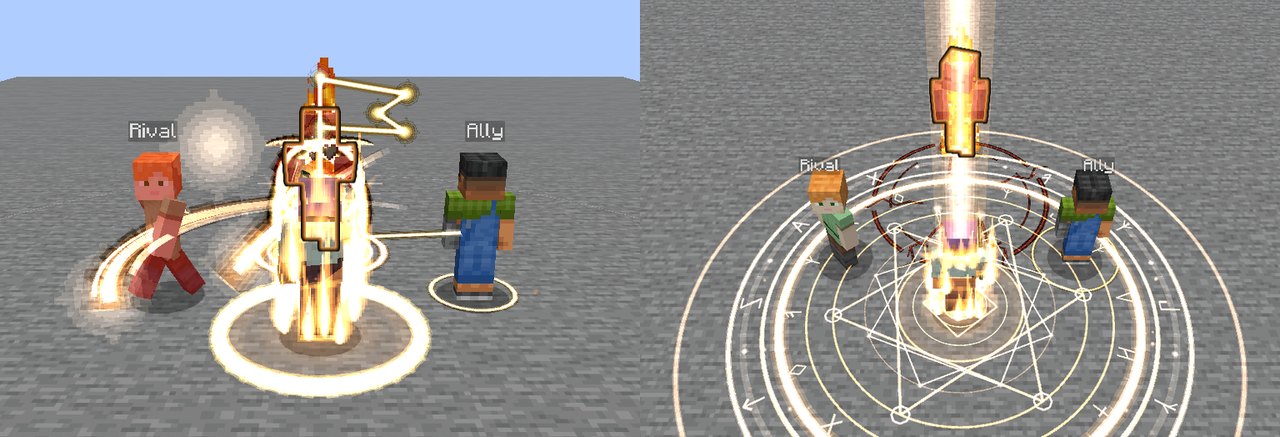 Left: a player landing a finisher on a rival, a gold pennant of light over their head, a ring of gold at their feet and a thread of gold running to an ally ringed in gold. Right: the player's Dominion, the ally inside it in a ring of gold while the rival stands in the same circle without one