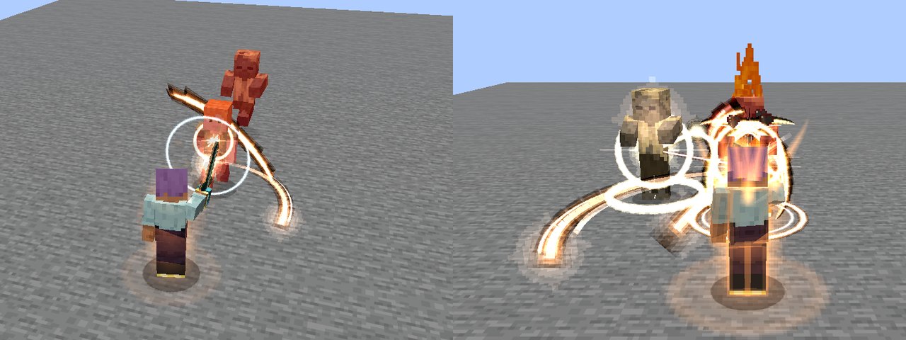 Left: a player's crescent of orange aura cutting through one husk and flying on to the husk behind it. Right: a finisher landing on a husk in a ring of light, and a sweep of aura carrying on to open a second husk beside it