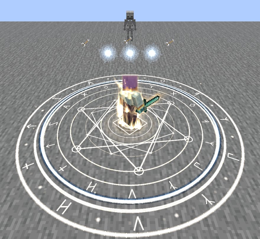 A player standing in a Dominion's circle of runes with a ring of pale blue light at its rim, a skeleton beyond it, and three of its arrows turned back in flashes of light at the Dominion's edge