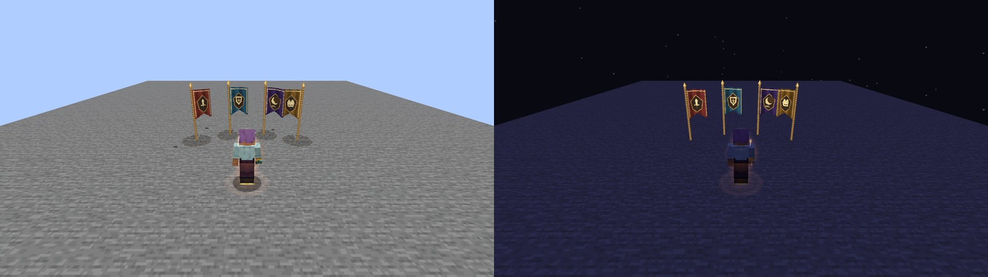 The same scene by day and by night: four rippling cloth standards on bronze poles, with red sword, blue shield, violet crescent and gold rallying crests