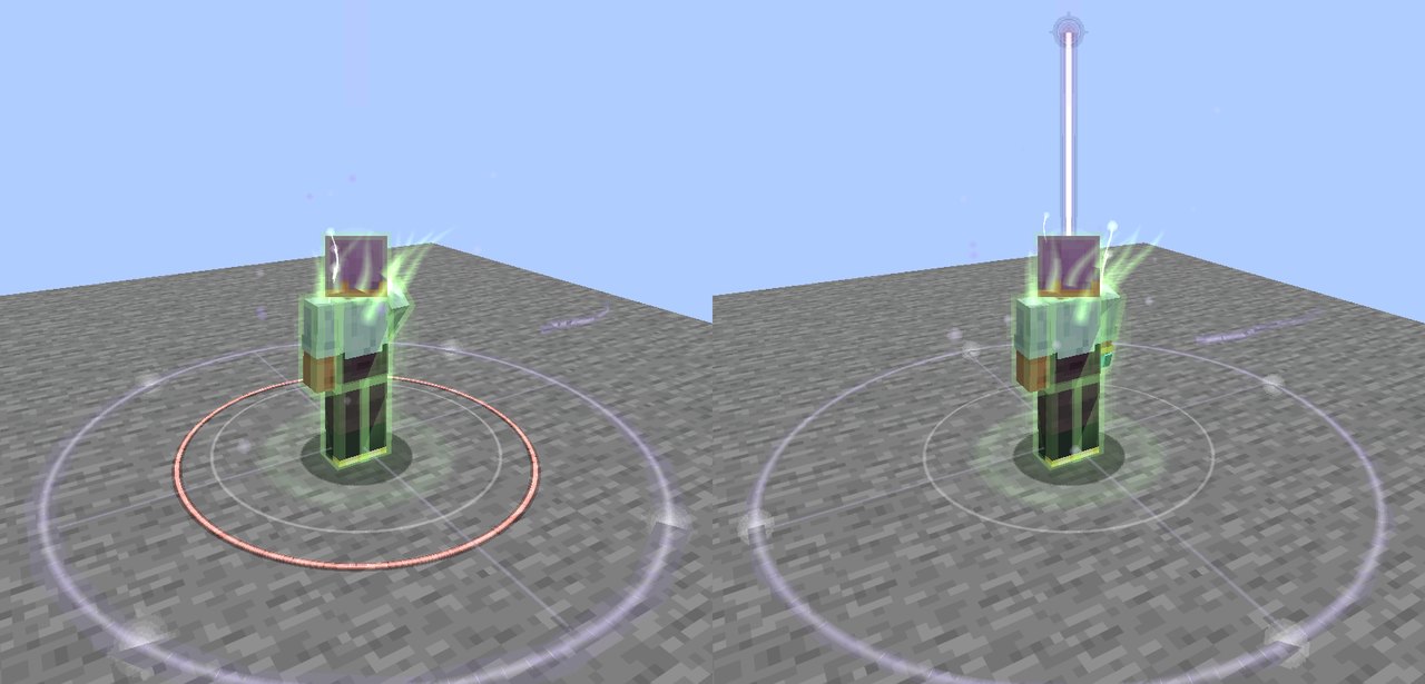 Left: a player burning a Crossroads Incense at a ley crossing, a ring of their Way's red drawn on the ground round them inside the crossing's pale circle. Right: the incense burned and their Way gone, a pale column of light rising over them