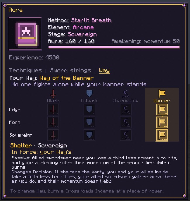 The Aura page's Way tab: Your Way: Way of the Banner and its creed, then four columns of emblems (a sword, a shield, a crescent and a pennant) over three rows, Edge, Form and Sovereign, the Banner's column framed in gold and lit, and under it Shelter, Sovereign, in force, with its passive and what it changes