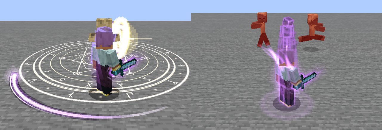 Left: a player who has just slipped round a husk's blow to stand at its back, a violet arc on the ground tracing the way they went and a flash where the blow met their guard. Right: a violet afterimage of the player left standing between two husks, striking them as the player stands clear