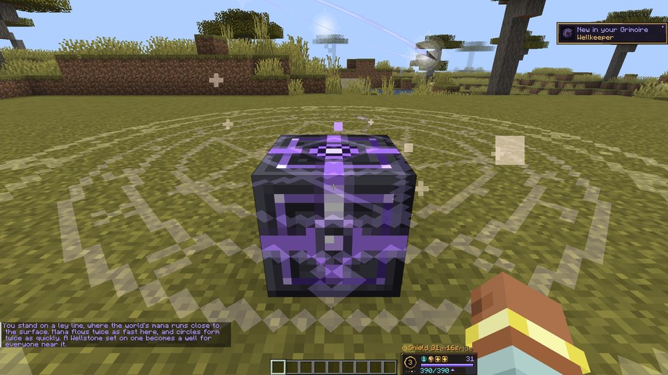 A Wellstone, a dark block banded with violet light, awake on a ley line with circles turning on the ground around it