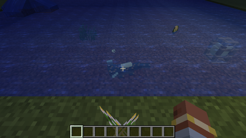 A submerged Marshlight in a pool at night, with a newt and a dropped Dusk Pearl