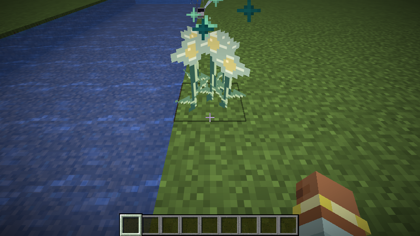 An open silver Moonreed on a shallow bank, with the visiting Glimmerwing behind it