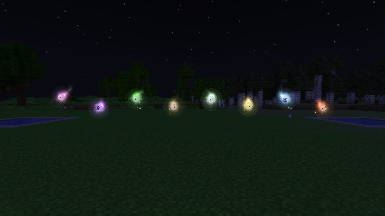 Eight small glowing wisps of different colours drifting over a dark meadow at night